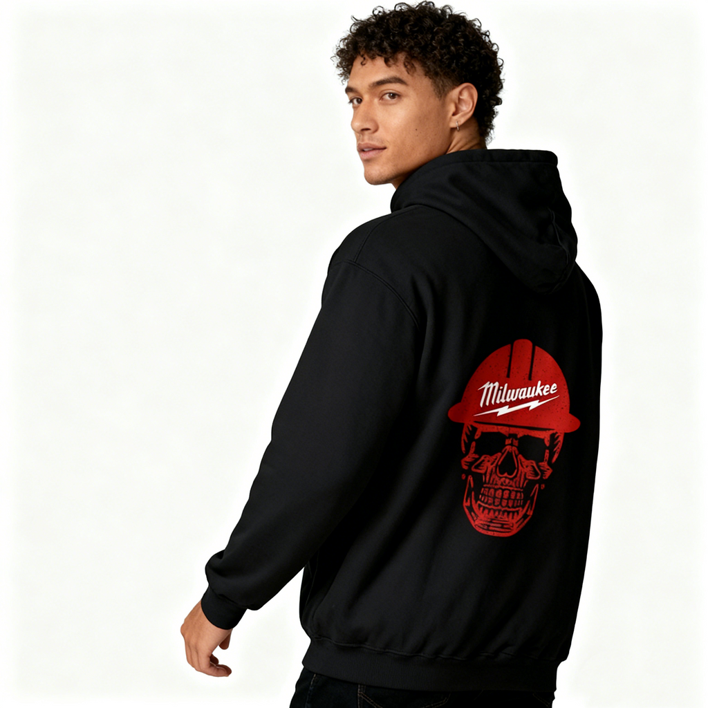 Milwaukee Tool Hoodie – Pullover with Red Hard Hat Skull Design