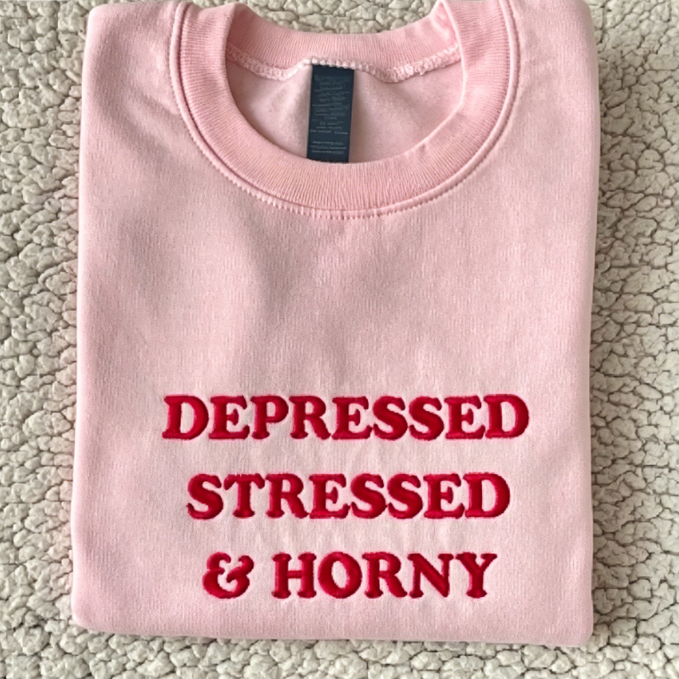 Embroidered Depressed Stressed & Horny Crewneck Sweatshirt | Funny Slogan Pullover Top
