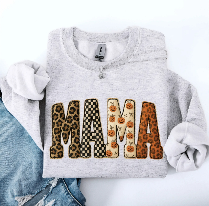 Mama Halloween Leopard Patchwork Graphic Sweatshirt