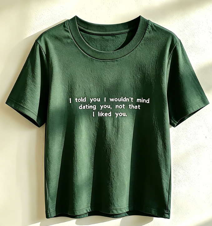 Minimalist Embroidered Quote T-Shirt – “I Told You I Wouldn’t Mind Dating You”