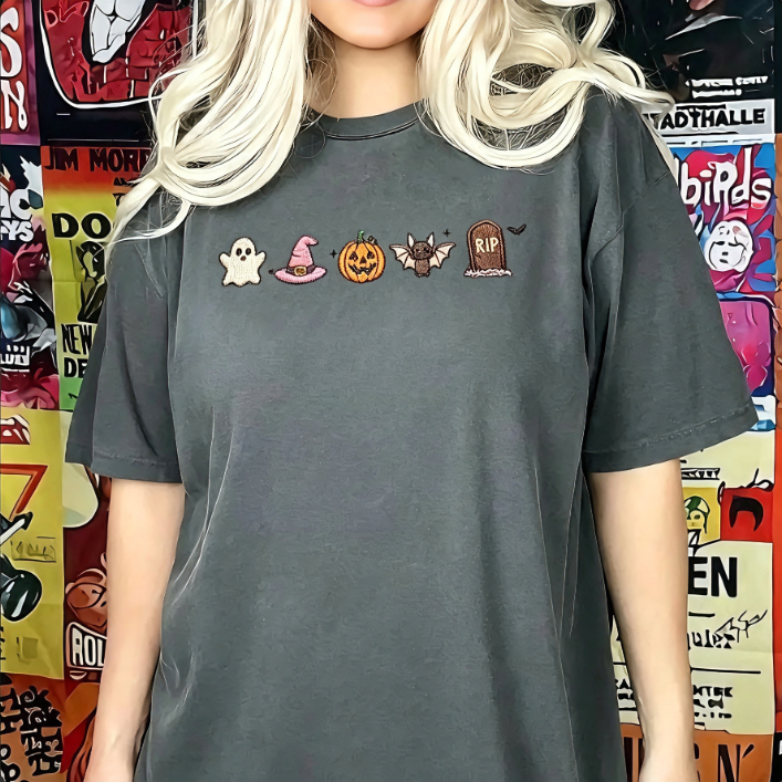 Halloween Embroidered Icons Vintage Washed T-Shirt – Ghost Pumpkin Bat Graphic Tee