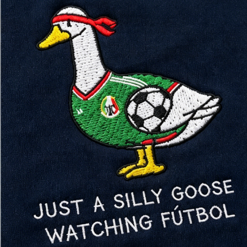 Just A Silly Goose Watching Futbol Embroidered T-Shirt – Funny Soccer Goose Graphic Tee