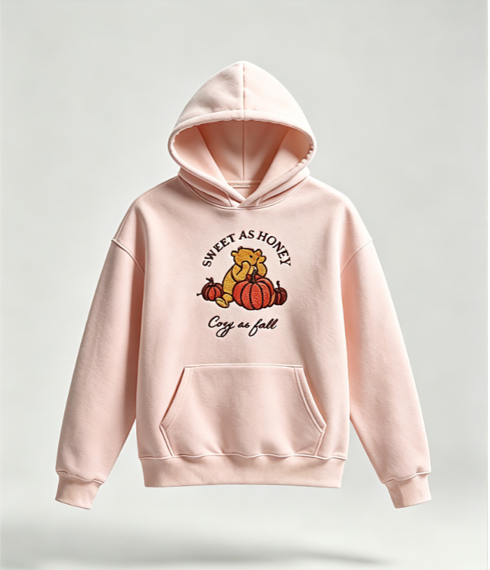 Sweet As Honey Cozy As Fall Embroidered Hoodie – Autumn Pumpkin Bear Pullover Sweatshirt