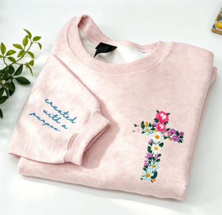 Floral Cross Christian Sweatshirt – Faith-Inspired Embroidered Crewneck