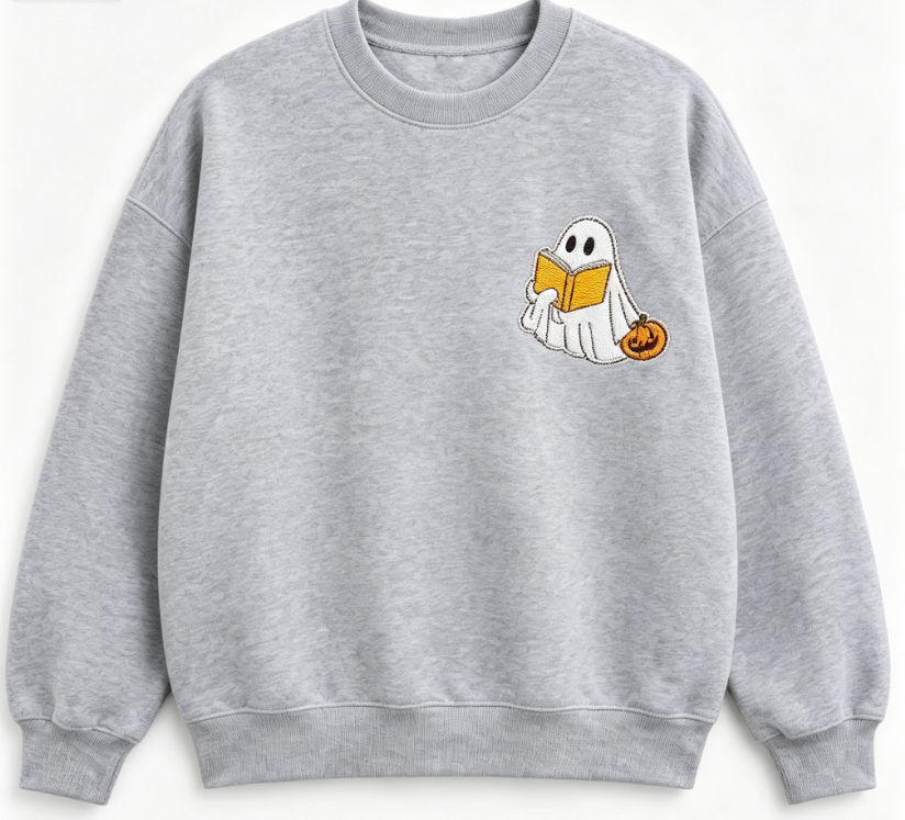 Cute Ghost Reading Book Embroidered Sweatshirt