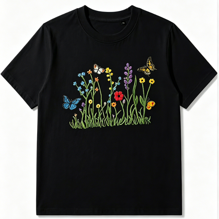 Embroidered Wildflower & Butterfly Graphic T-Shirt