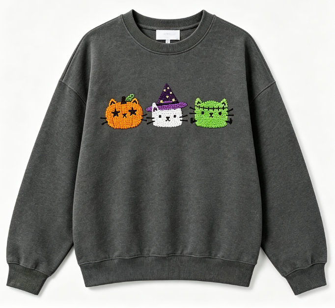 Halloween Cat Embroidered Crewneck Sweatshirt – Cozy Spooky Pullover