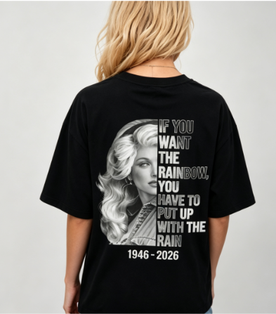 Dolly Tribute Graphic T-Shirt – “If You Want the Rainbow” Oversized Black Tee