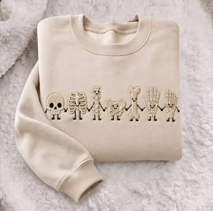 Embroidered Skeleton Family Crewneck Sweatshirt – Cute Halloween Bone Friends Pullover