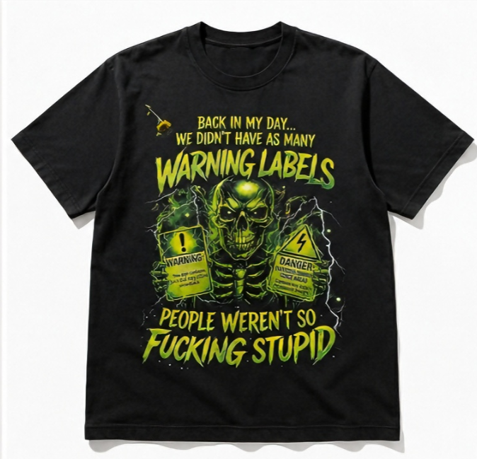 Vintage Warning Labels Skull Graphic T-Shirt – Funny Retro Rebel Unisex Tee