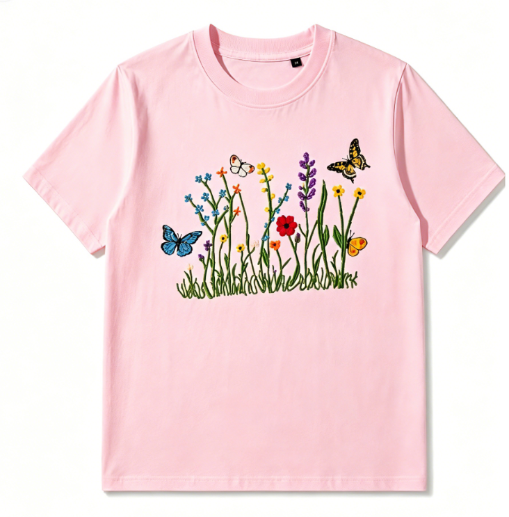 Embroidered Wildflower & Butterfly Graphic T-Shirt
