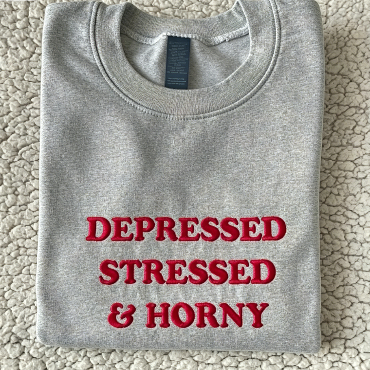 Embroidered Depressed Stressed & Horny Crewneck Sweatshirt | Funny Slogan Pullover Top