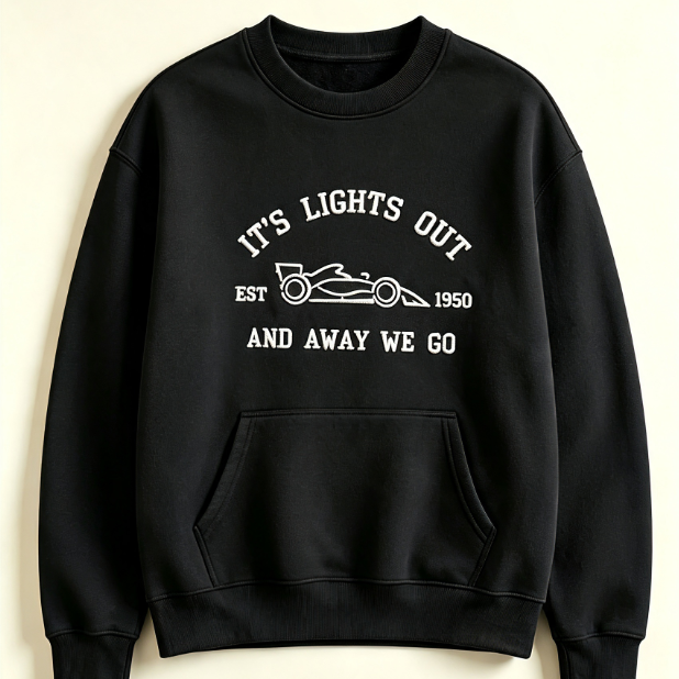 Vintage Racing Embroidered Sweatshirt – "It's Lights Out And Away We Go" Retro Car Crewneck Pullover