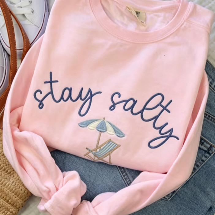 Stay Salty Embroidered Sweatshirt - Coastal Beach Umbrella Crewneck, Summer Casual Pullover