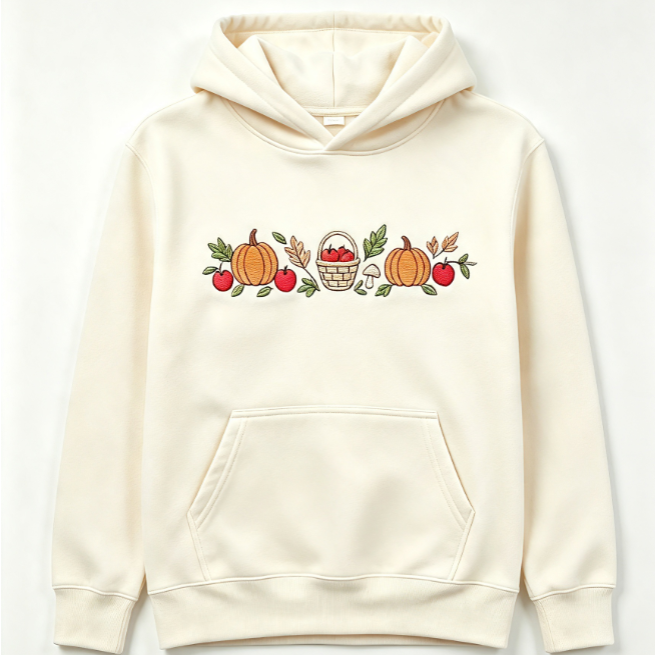 Autumn Harvest Embroidered Hoodie | Pumpkin & Apple Vintage Fall Sweatshirt | Cozy Seasonal Pullover