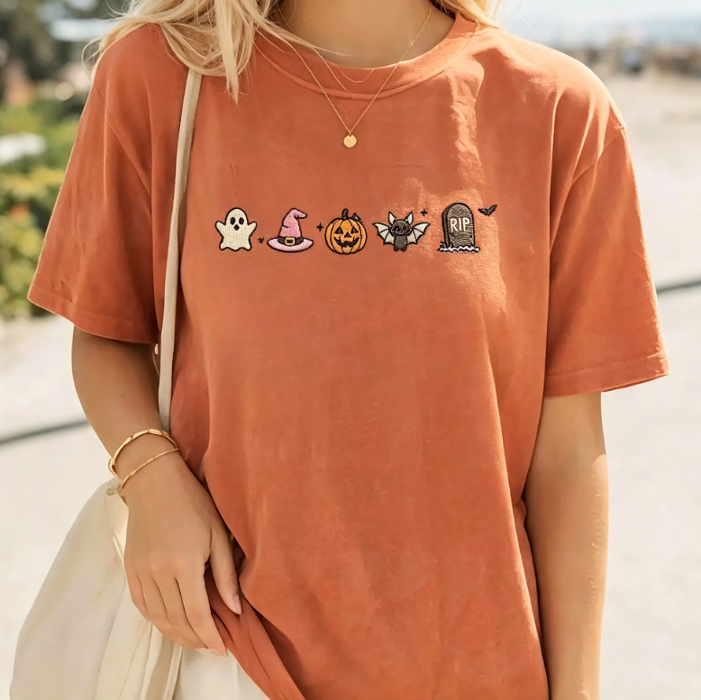 Halloween Embroidered Icons Vintage Washed T-Shirt – Ghost Pumpkin Bat Graphic Tee