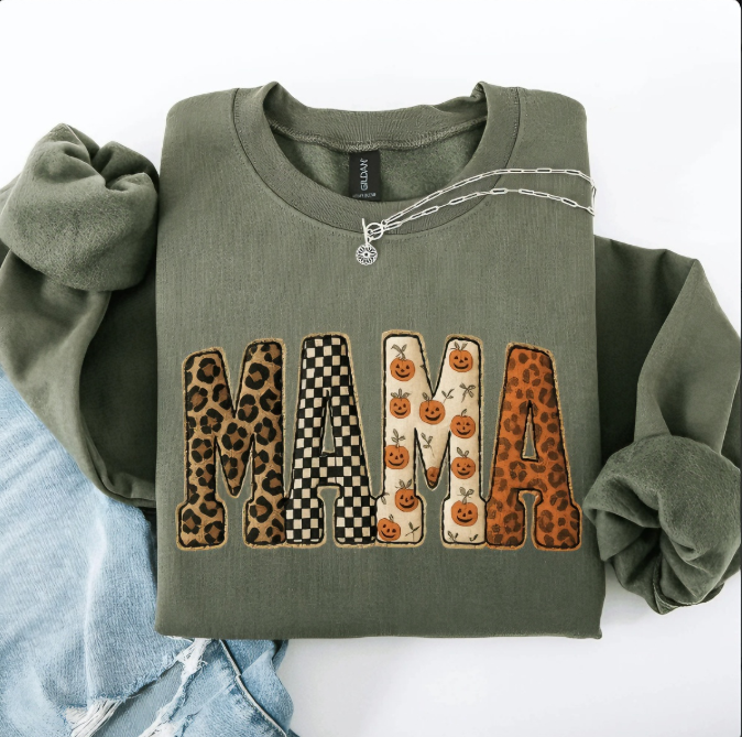 Mama Halloween Leopard Patchwork Graphic Sweatshirt