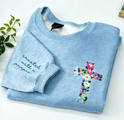 Floral Cross Christian Sweatshirt – Faith-Inspired Embroidered Crewneck