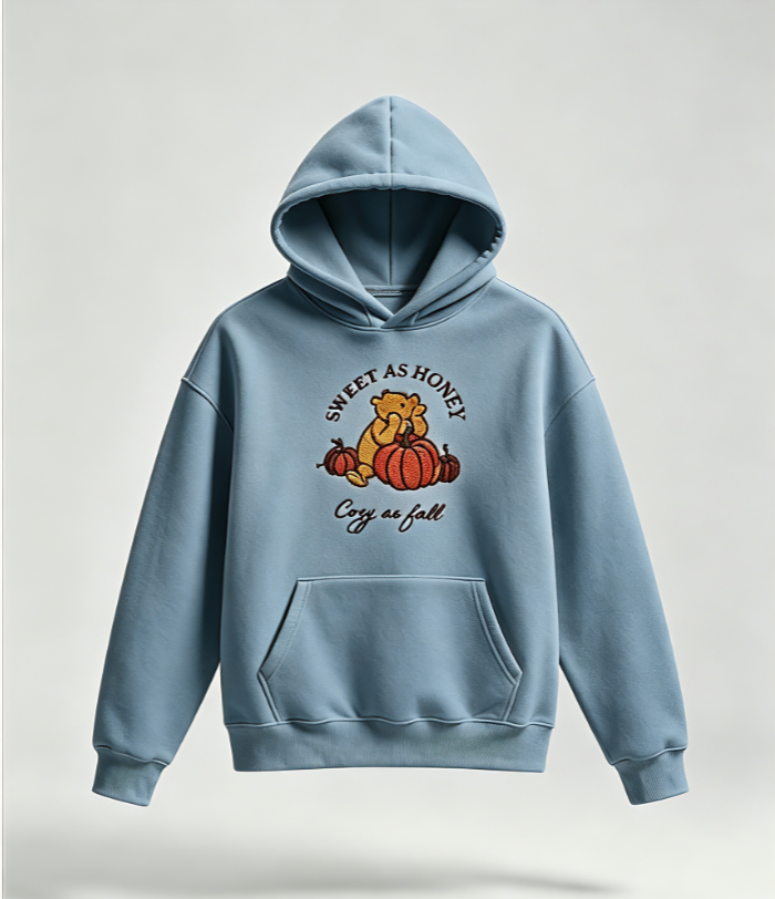 Sweet As Honey Cozy As Fall Embroidered Hoodie – Autumn Pumpkin Bear Pullover Sweatshirt