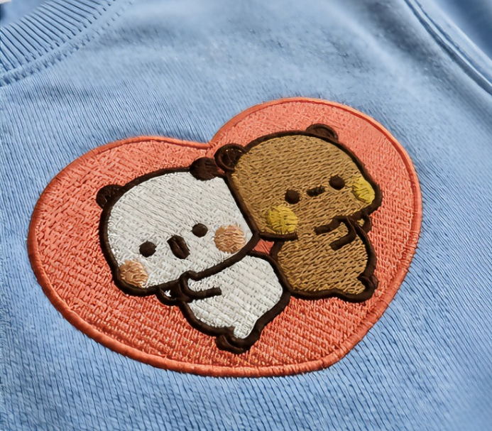 Yier Bubu Cute Bear Embroidered Sweatshirt – Kawaii Couple Bear Hug Crewneck Pullover