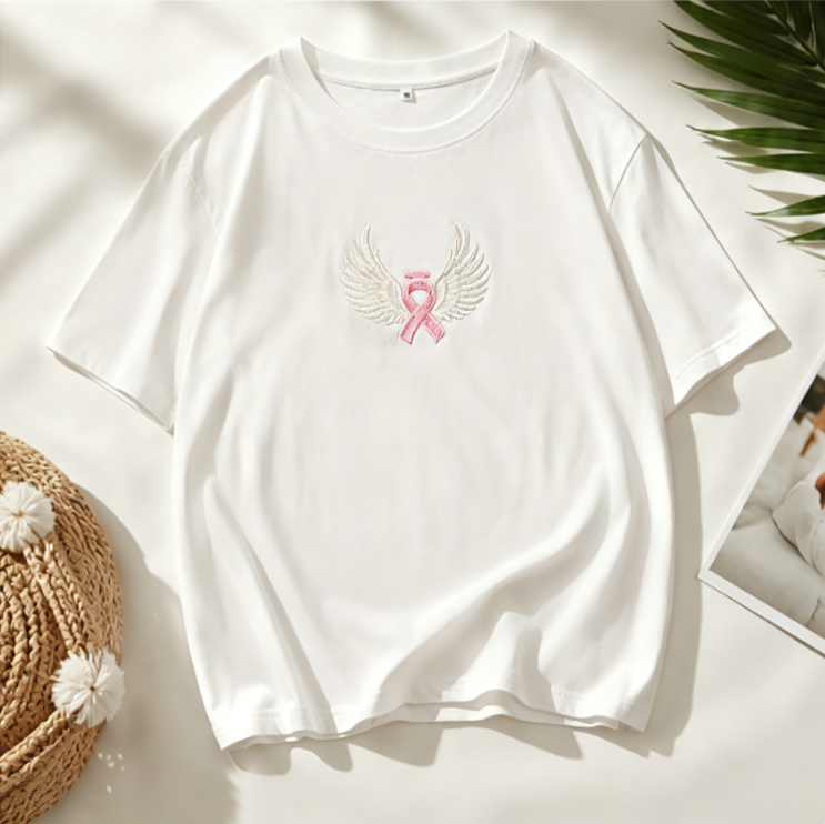 Pink Ribbon Angel Wings Embroidered T-Shirt