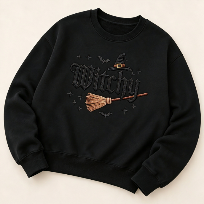 Witchy Embroidered Halloween Crewneck Sweatshirt – Gothic Witch Hat & Broom Cozy Pullover