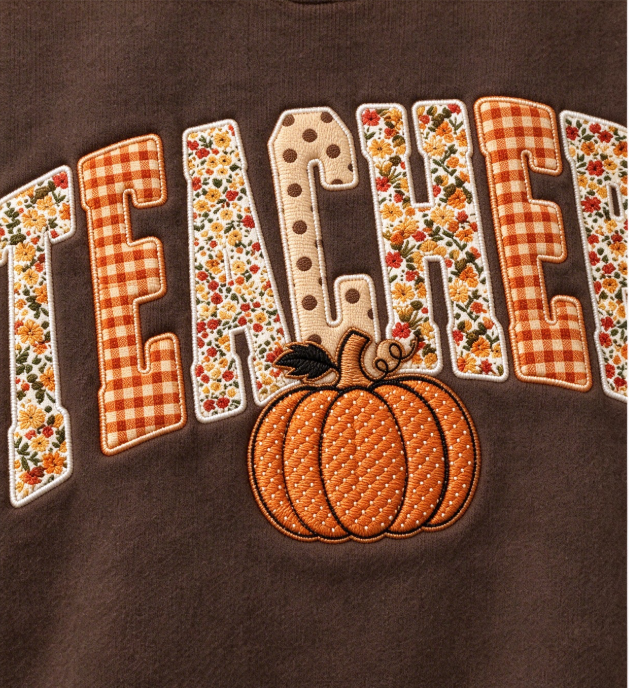Autumn Teacher Embroidered Sweatshirt – Pumpkin Patchwork Crewneck