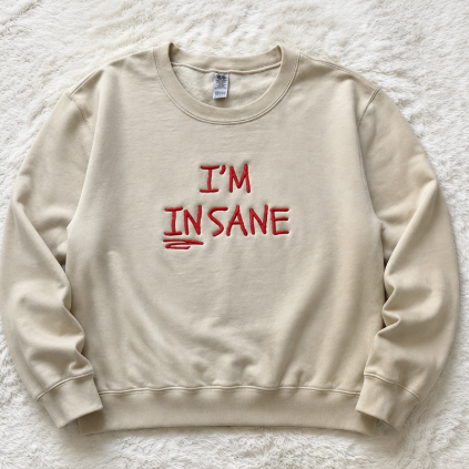 I'M INSANE Red Heavy Embroidery Crewneck Sweatshirt | Unisex Matching Couple Pullover Streetwear