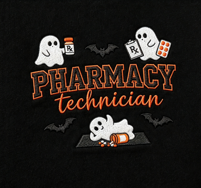Pharmacy Technician Halloween Ghosts Embroidered Crewneck Sweatshirt – Black