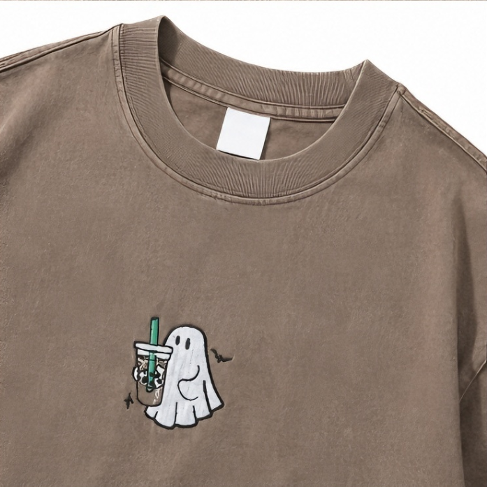 Cute Ghost Bubble Tea Embroidered Washed Brown Oversized T-Shirt