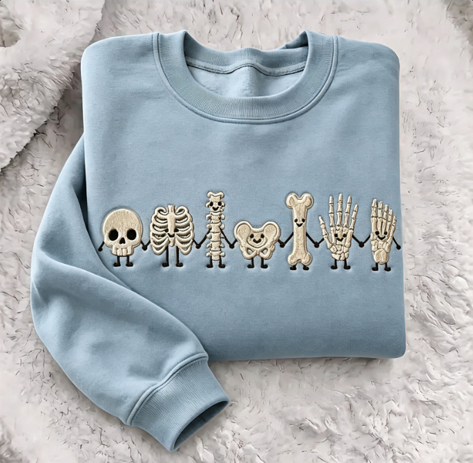 Embroidered Skeleton Family Crewneck Sweatshirt – Cute Halloween Bone Friends Pullover