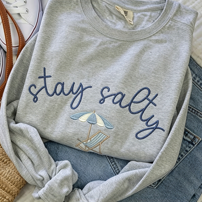 Stay Salty Embroidered Sweatshirt - Coastal Beach Umbrella Crewneck, Summer Casual Pullover