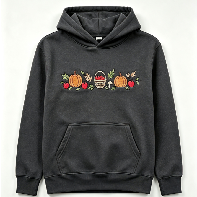 Autumn Harvest Embroidered Hoodie | Pumpkin & Apple Vintage Fall Sweatshirt | Cozy Seasonal Pullover