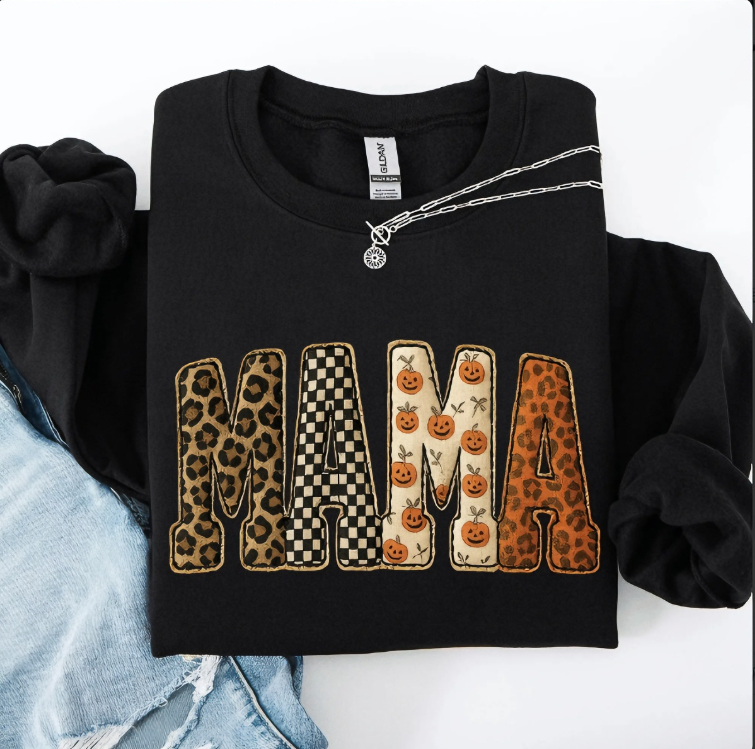 Mama Halloween Leopard Patchwork Graphic Sweatshirt