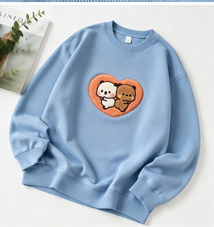 Yier Bubu Cute Bear Embroidered Sweatshirt – Kawaii Couple Bear Hug Crewneck Pullover