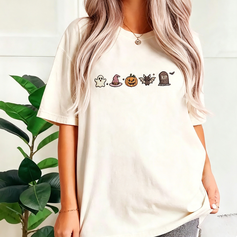 Halloween Embroidered Icons Vintage Washed T-Shirt – Ghost Pumpkin Bat Graphic Tee