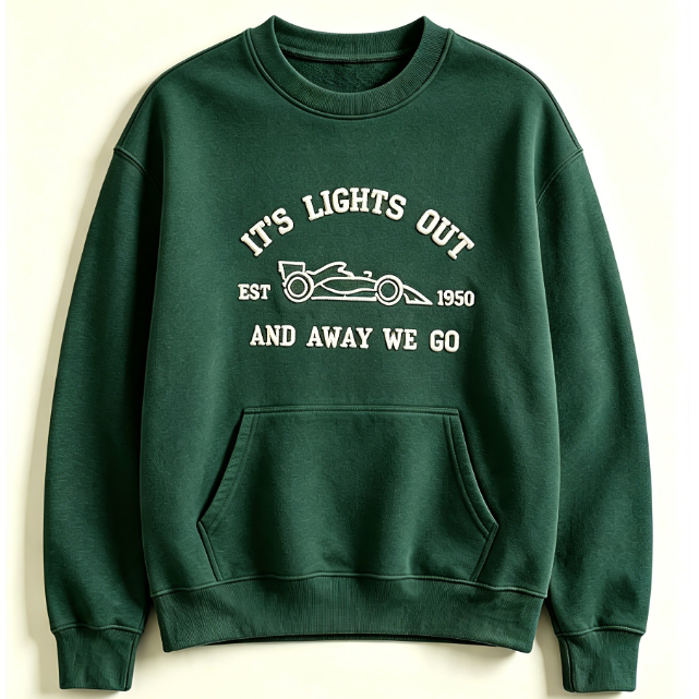 Vintage Racing Embroidered Sweatshirt – "It's Lights Out And Away We Go" Retro Car Crewneck Pullover