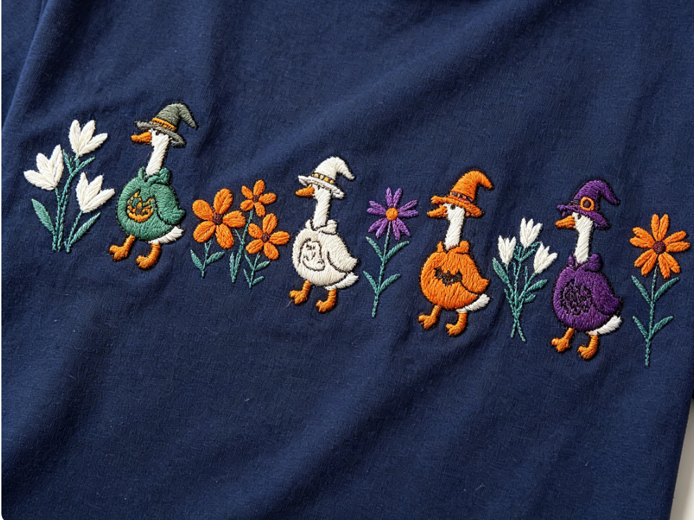 Halloween Goose Parade Embroidered T-Shirt – Cute Autumn Farmhouse Graphic Tee