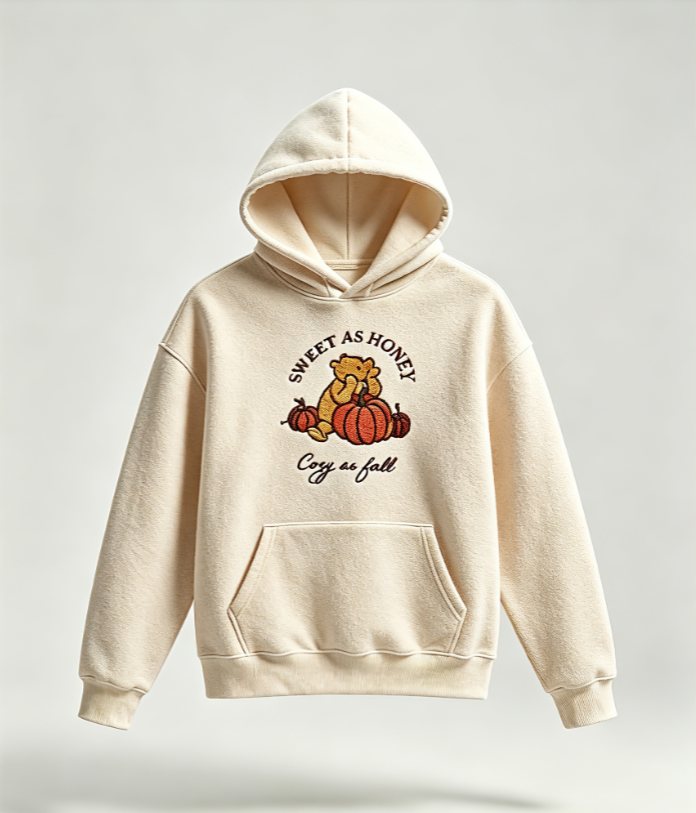 Sweet As Honey Cozy As Fall Embroidered Hoodie – Autumn Pumpkin Bear Pullover Sweatshirt