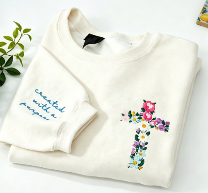 Floral Cross Christian Sweatshirt – Faith-Inspired Embroidered Crewneck