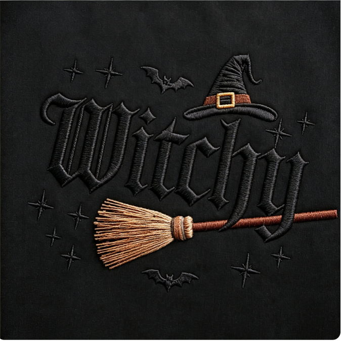 Witchy Embroidered Halloween Crewneck Sweatshirt – Gothic Witch Hat & Broom Cozy Pullover
