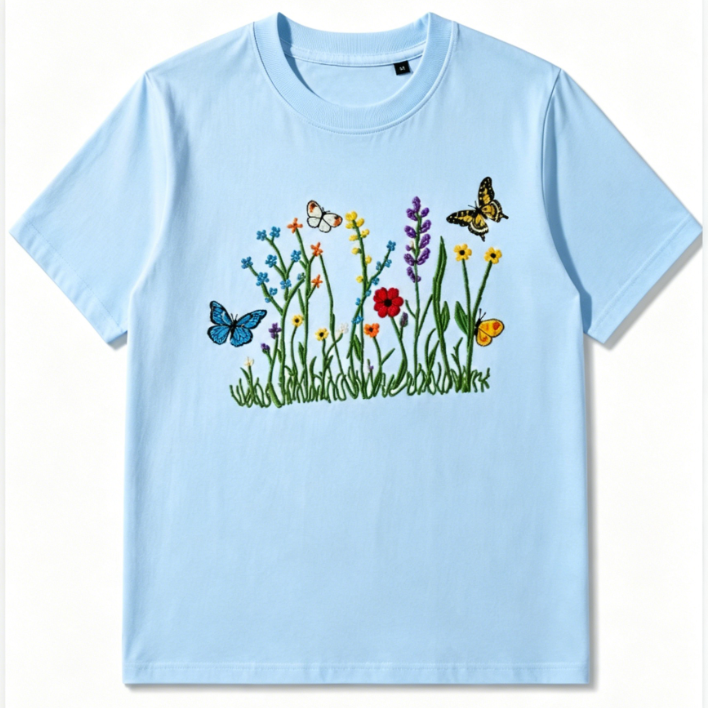 Embroidered Wildflower & Butterfly Graphic T-Shirt