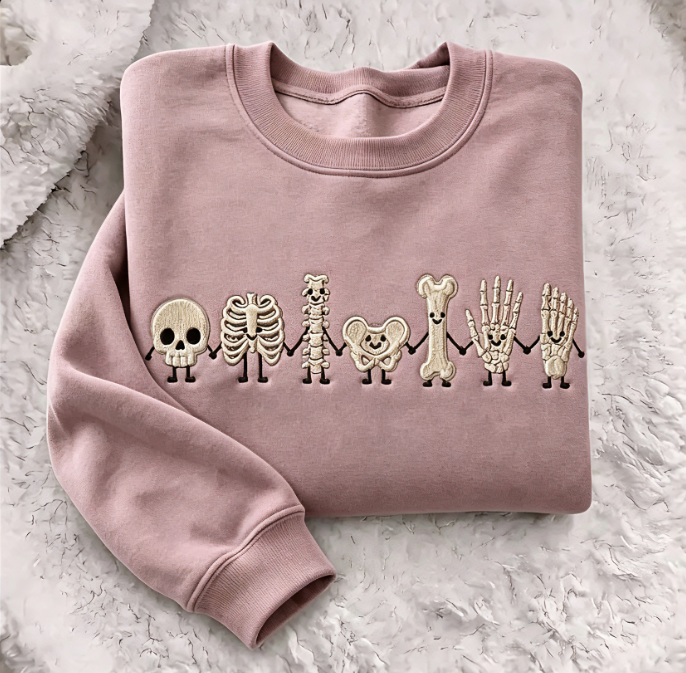 Embroidered Skeleton Family Crewneck Sweatshirt – Cute Halloween Bone Friends Pullover