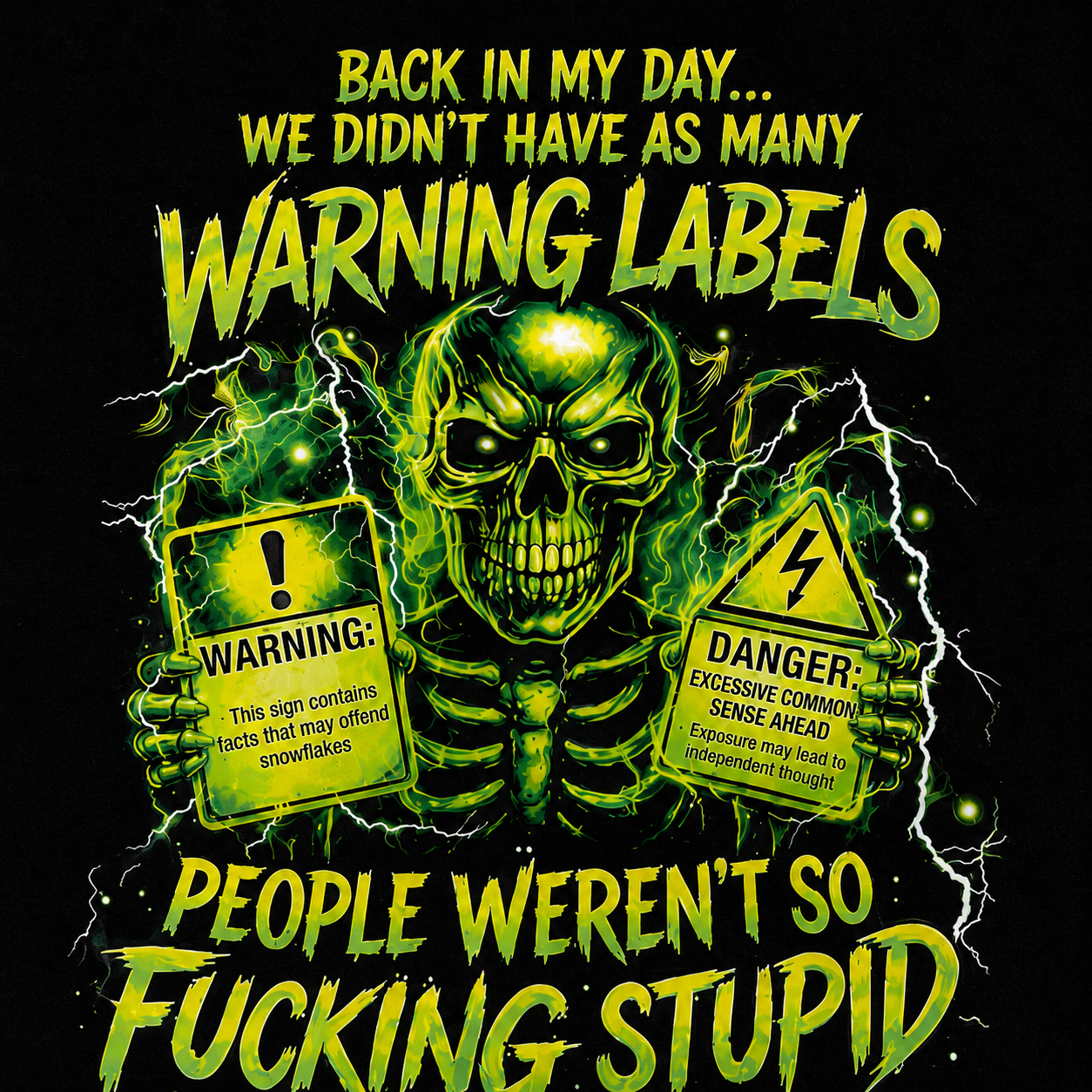 Vintage Warning Labels Skull Graphic T-Shirt – Funny Retro Rebel Unisex Tee