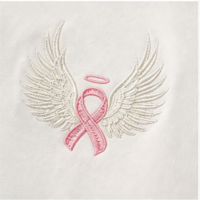 Pink Ribbon Angel Wings Embroidered T-Shirt