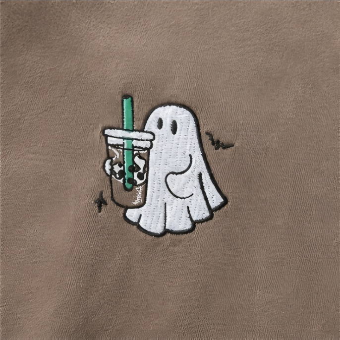 Cute Ghost Bubble Tea Embroidered Washed Brown Oversized T-Shirt