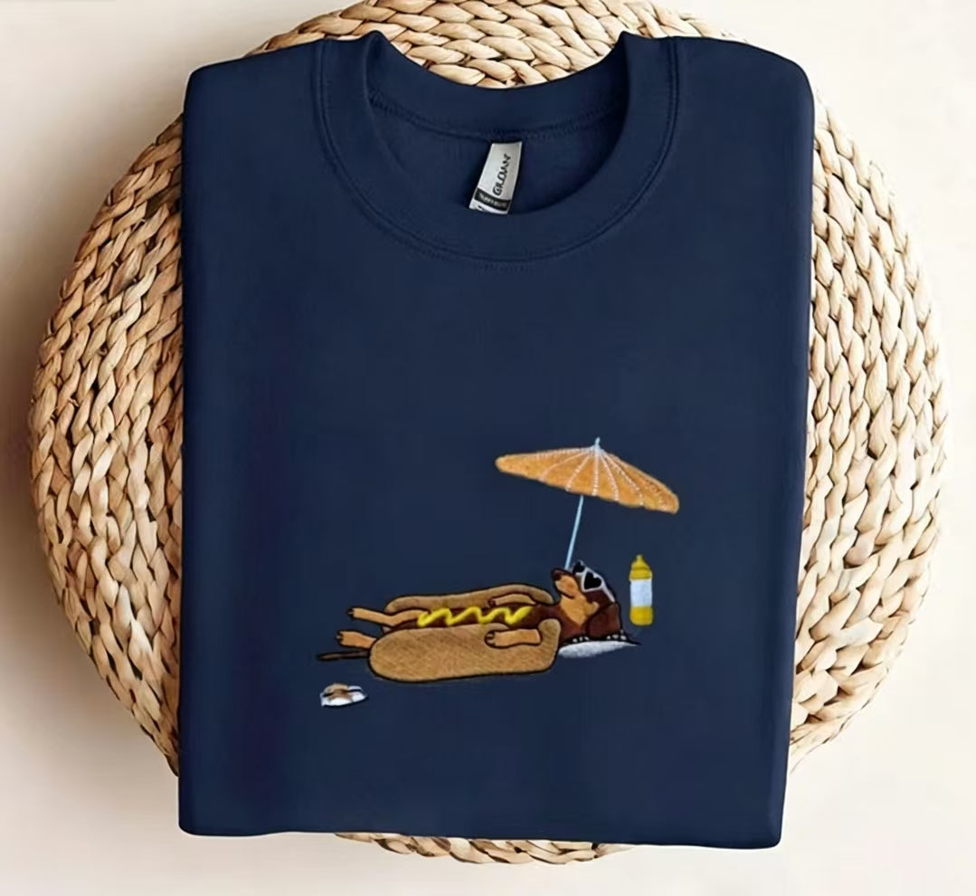 🌭 Lazy Hot Dog Dog Embroidered T-Shirt | Fun Summer Tee | Multiple Colors