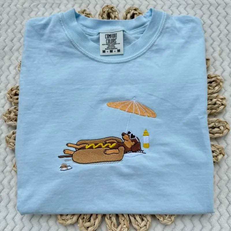 🌭 Lazy Hot Dog Dog Embroidered T-Shirt | Fun Summer Tee | Multiple Colors