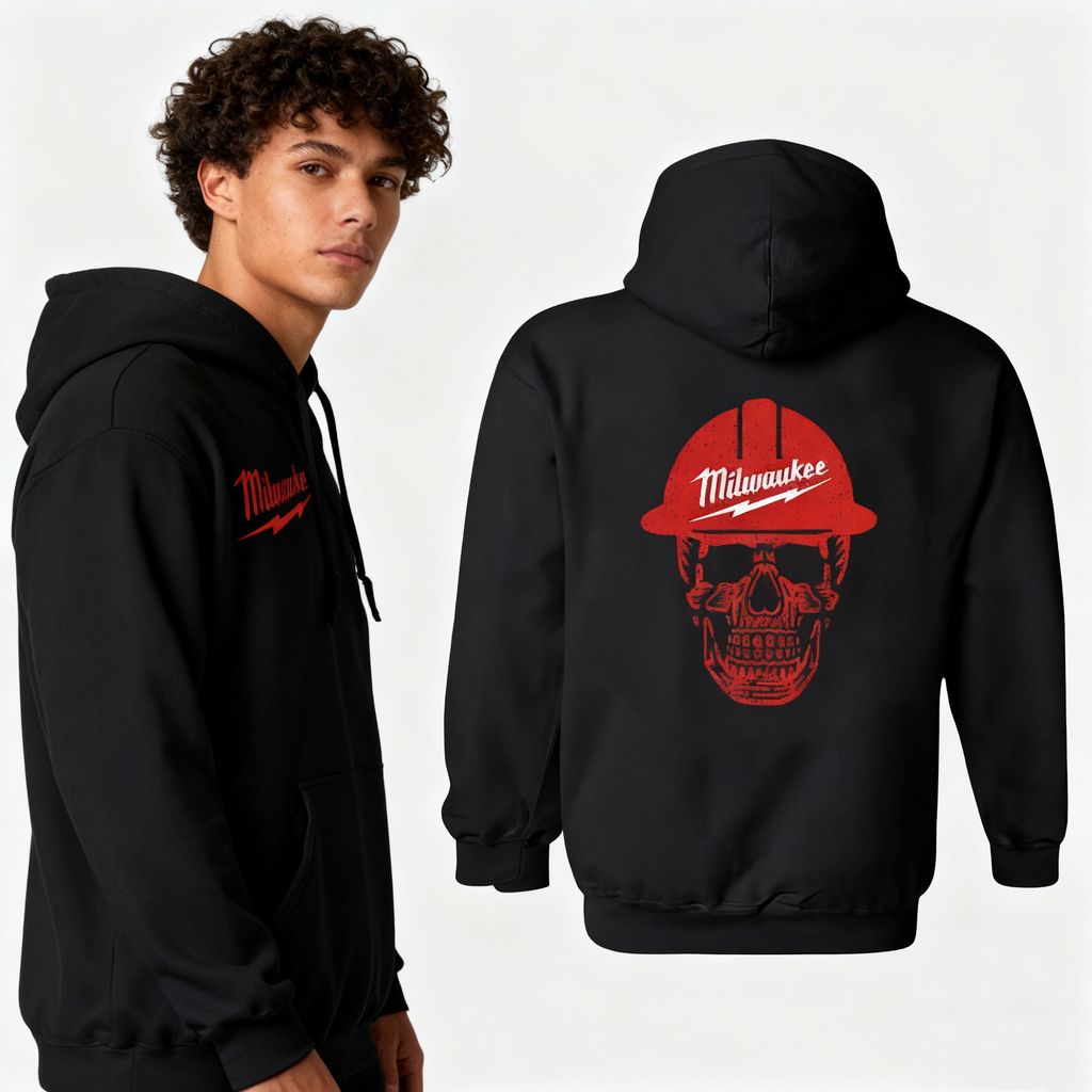 Milwaukee Tool Hoodie – Pullover with Red Hard Hat Skull Design