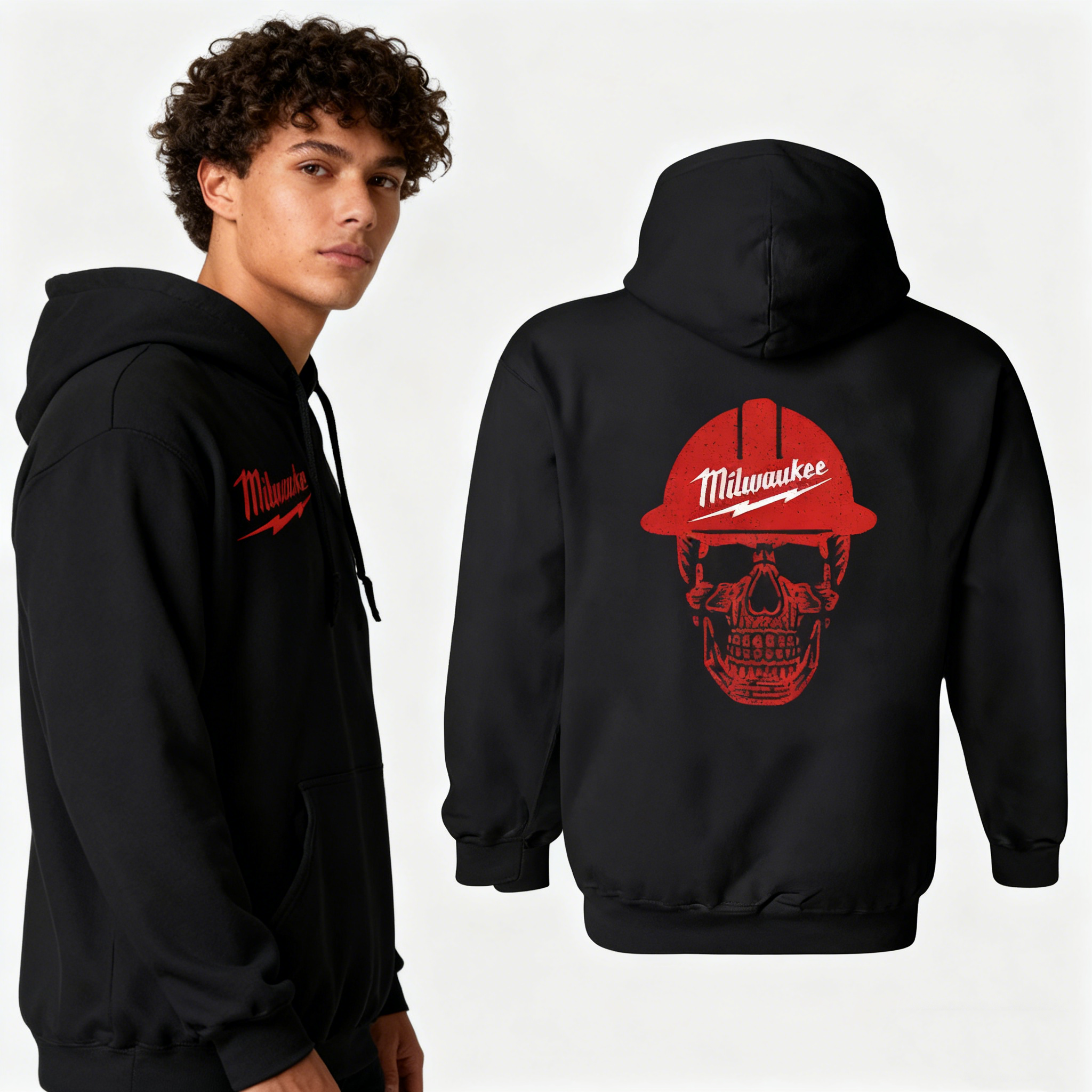 Milwaukee Tool Hoodie – Pullover with Red Hard Hat Skull Design